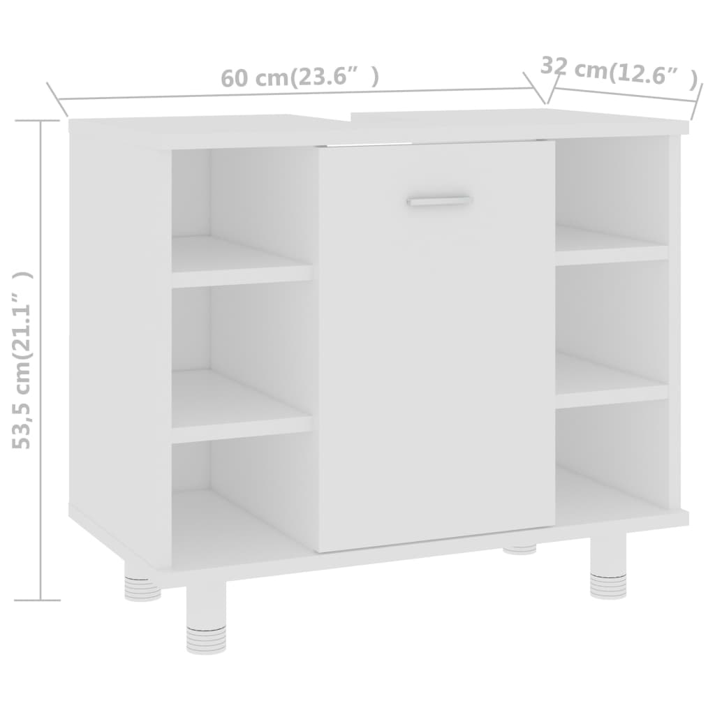 White bathroom cabinet 60x32x53.5 cm, engineered wood with 7 compartments and 1 door, sleek modern design for stylish storage.