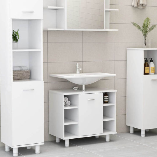 Modern white bathroom cabinet with sink, offering ample storage in a sleek, tidy design, perfect for any bathroom decor.