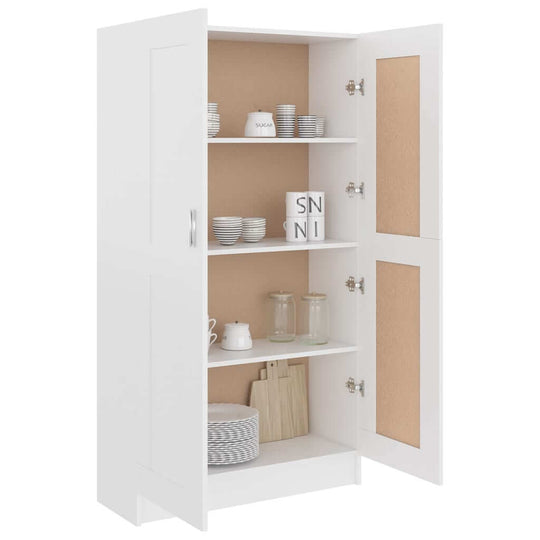 Book cabinet in white with four shelves and two doors, perfect for storage of books and decorative items.