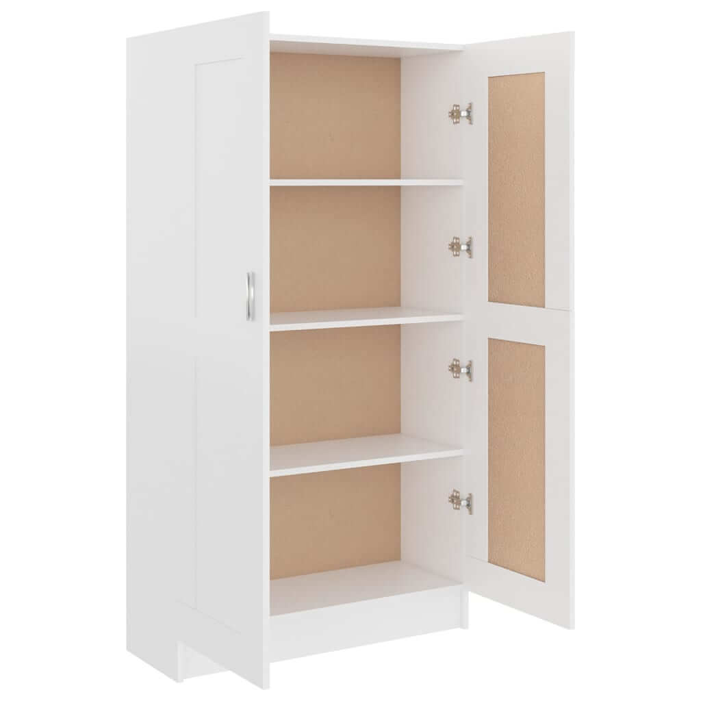 White book cabinet with four shelves and two doors, made of engineered wood for durability and ample storage space.