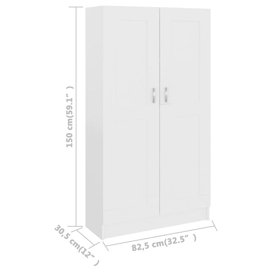 White book cabinet 82.5x30.5x150 cm in engineered wood, featuring 4 compartments and 2 doors for ample storage space.