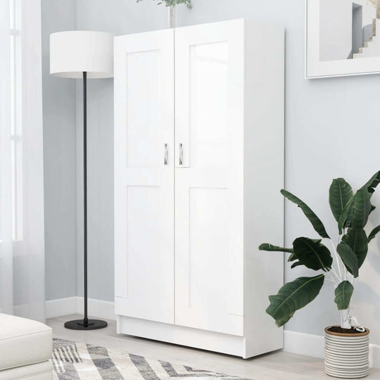 White book cabinet with 4 compartments and 2 doors, designed for stylish storage in modern home decor.