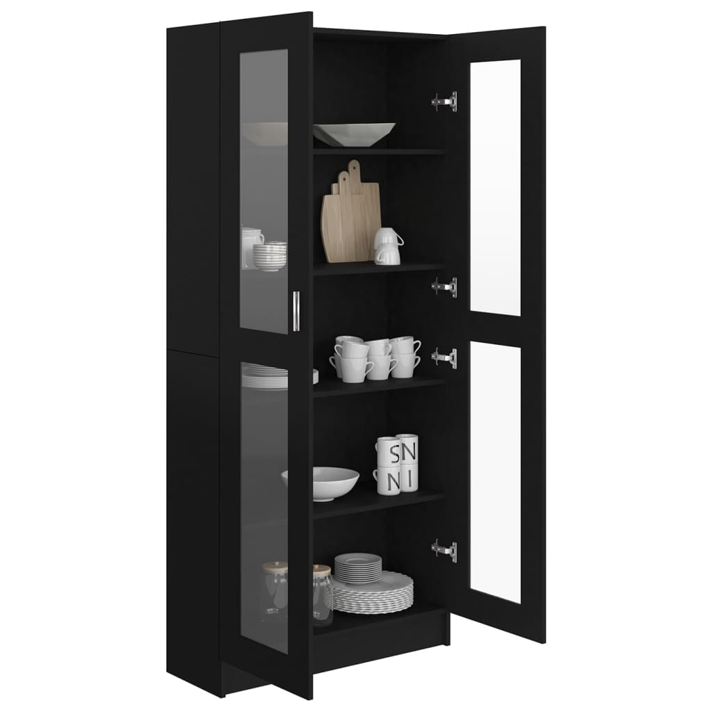 Vitrine cabinet in black engineered wood with glass doors, showcasing spacious compartments for storage and decor.