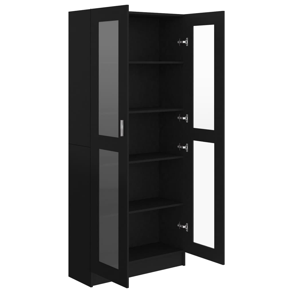 Vitrine cabinet in black engineered wood with glass doors and spacious compartments for stylish storage solutions.