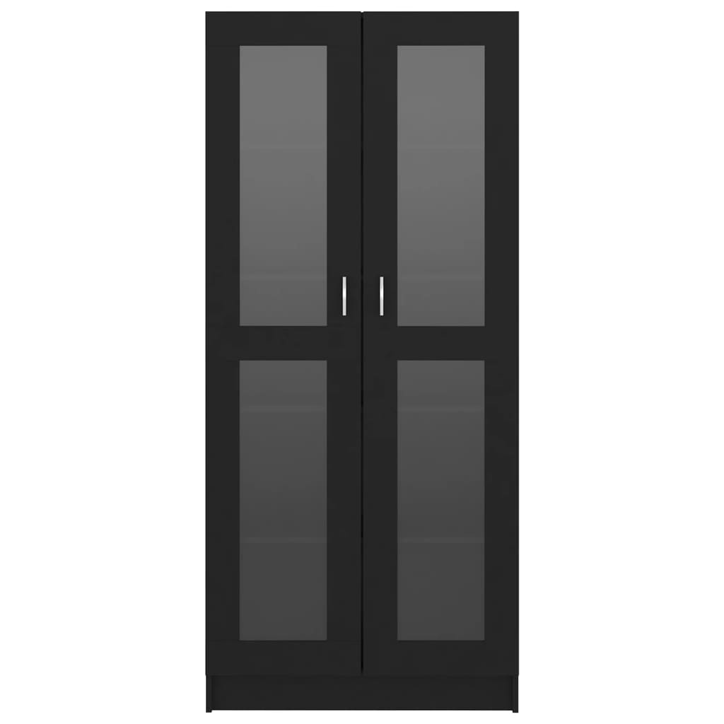 Black vitrine cabinet with glass doors, 82.5x30.5x185.5 cm, ideal for stylish storage of books and decor.