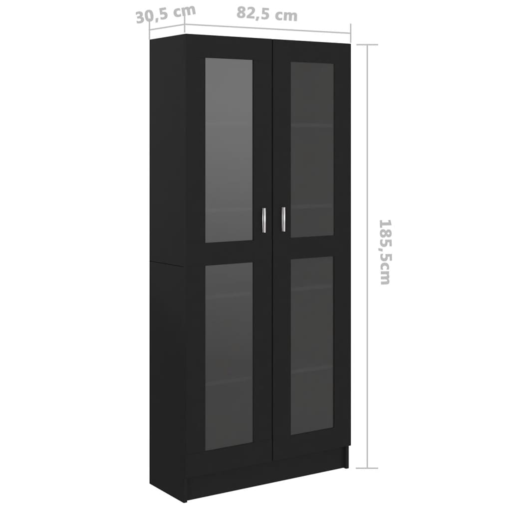 Vitrine cabinet in black with dimensions 82.5x30.5x185.5 cm, featuring 2 doors and 5 compartments for storage.