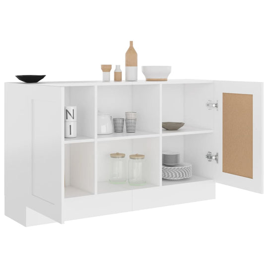 Modern white sideboard with open compartments and storage doors, showcasing decorative items and tableware.