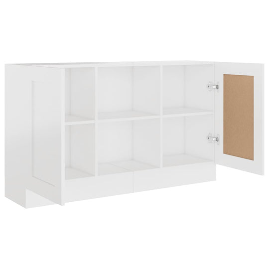 Sideboard in white engineered wood with open door, featuring multiple storage compartments and a modern design.