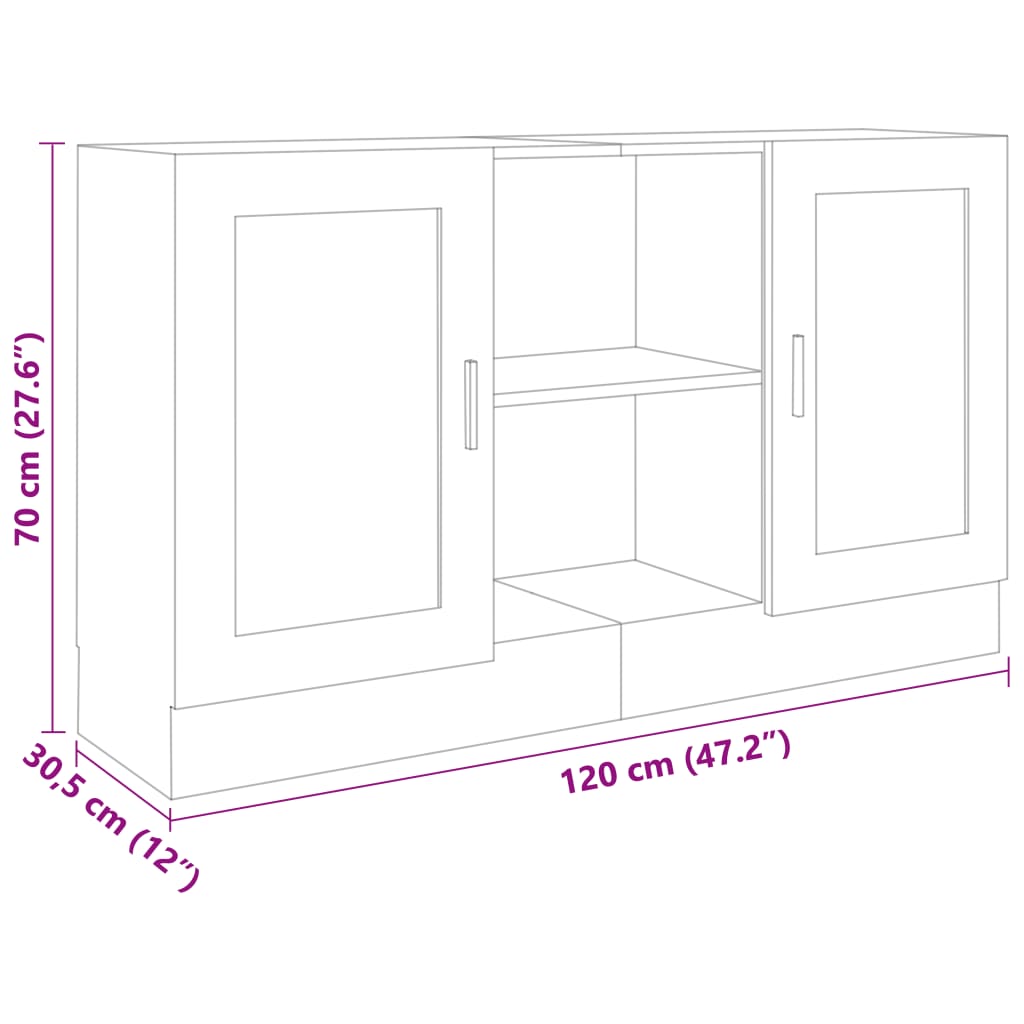 Diagram of white engineered wood sideboard, 120x30.5x70 cm, featuring 2 compartments and doors for ample storage.