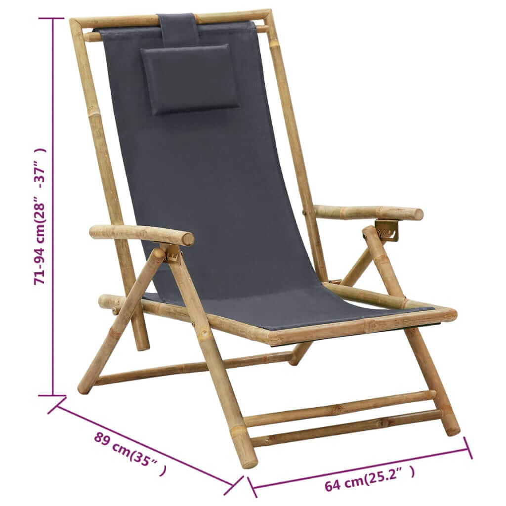 Dark grey bamboo reclining chair with adjustable backrest, perfect for outdoor lounging and relaxation. Dimensions included.