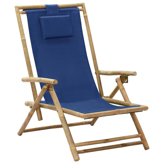 Navy blue bamboo folding relaxing chair with adjustable backrest and comfortable fabric seat. Ideal outdoor furniture for relaxation.