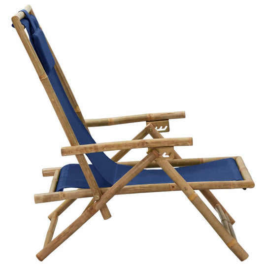 Navy blue reclining bamboo chair, perfect for outdoor relaxation and comfort, featuring adjustable backrest and sturdy design.