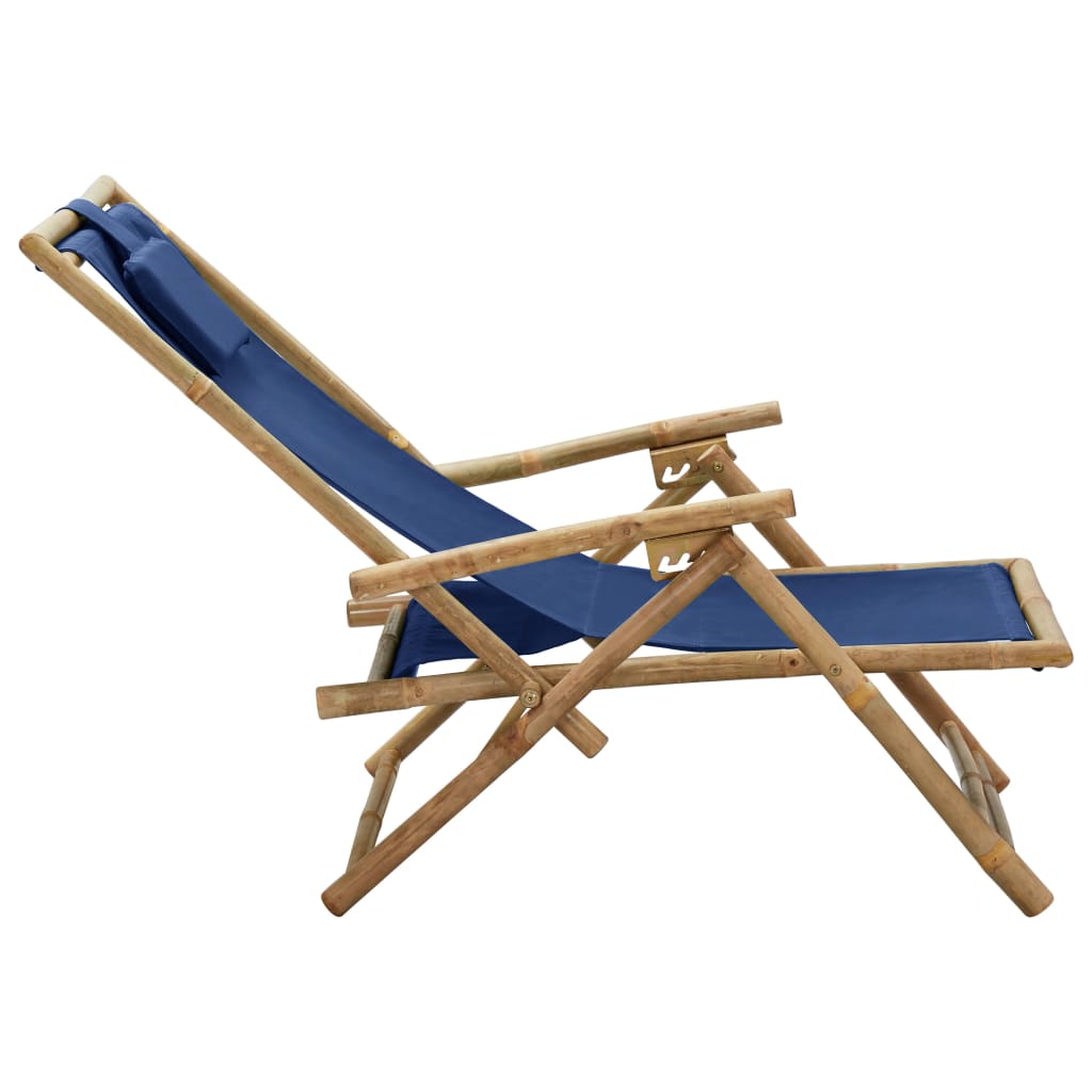 Navy blue bamboo reclining chair, perfect for outdoor relaxation, featuring a comfortable fabric seat and adjustable backrest.