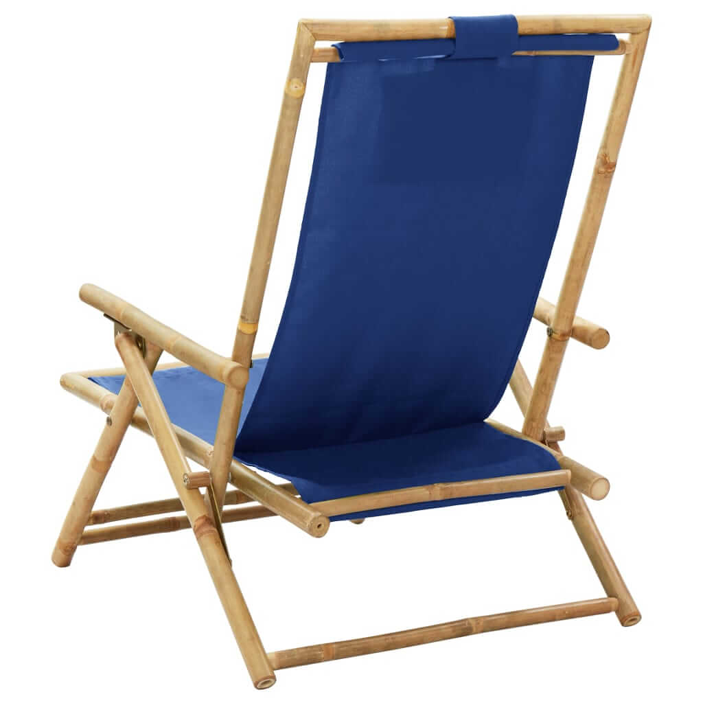 Navy blue bamboo folding chair with fabric seat, perfect for outdoor relaxation and comfort. Ideal outdoor furniture.