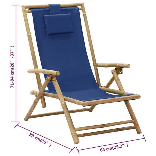 Reclining navy blue bamboo and fabric chair, adjustable backrest, perfect for outdoor furniture and relaxation.