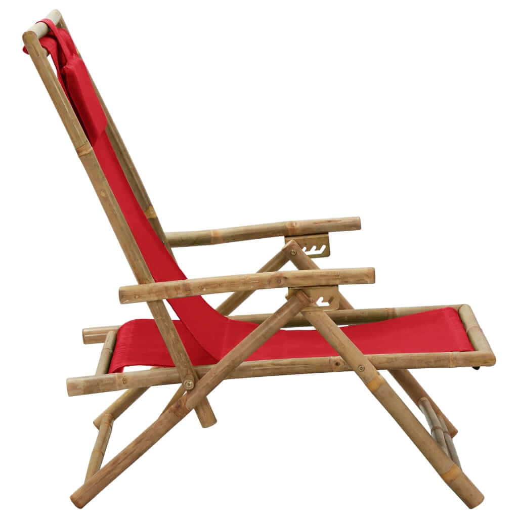 Side view of a red bamboo folding relaxing chair with adjustable backrest for ultimate comfort and relaxation.