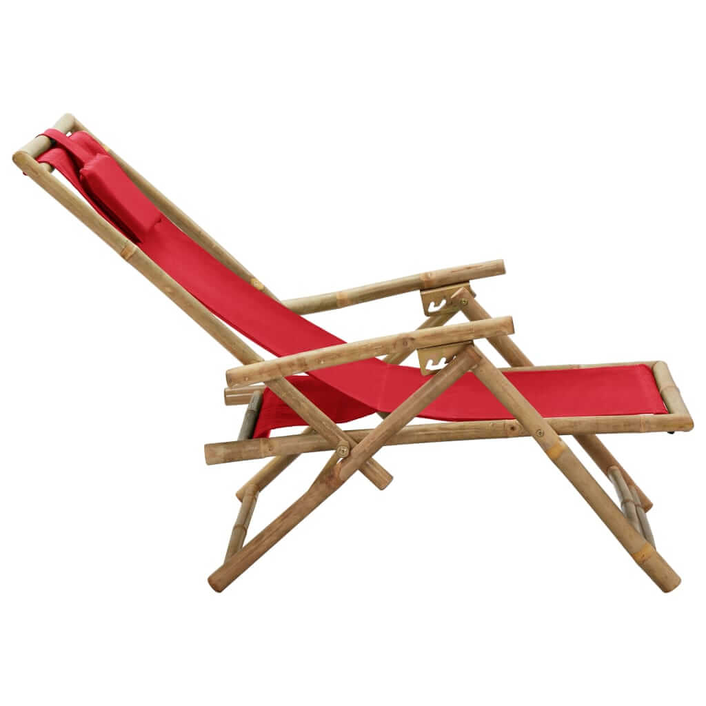 Reclining red bamboo and fabric chair with adjustable backrest for ultimate relaxation and comfort.