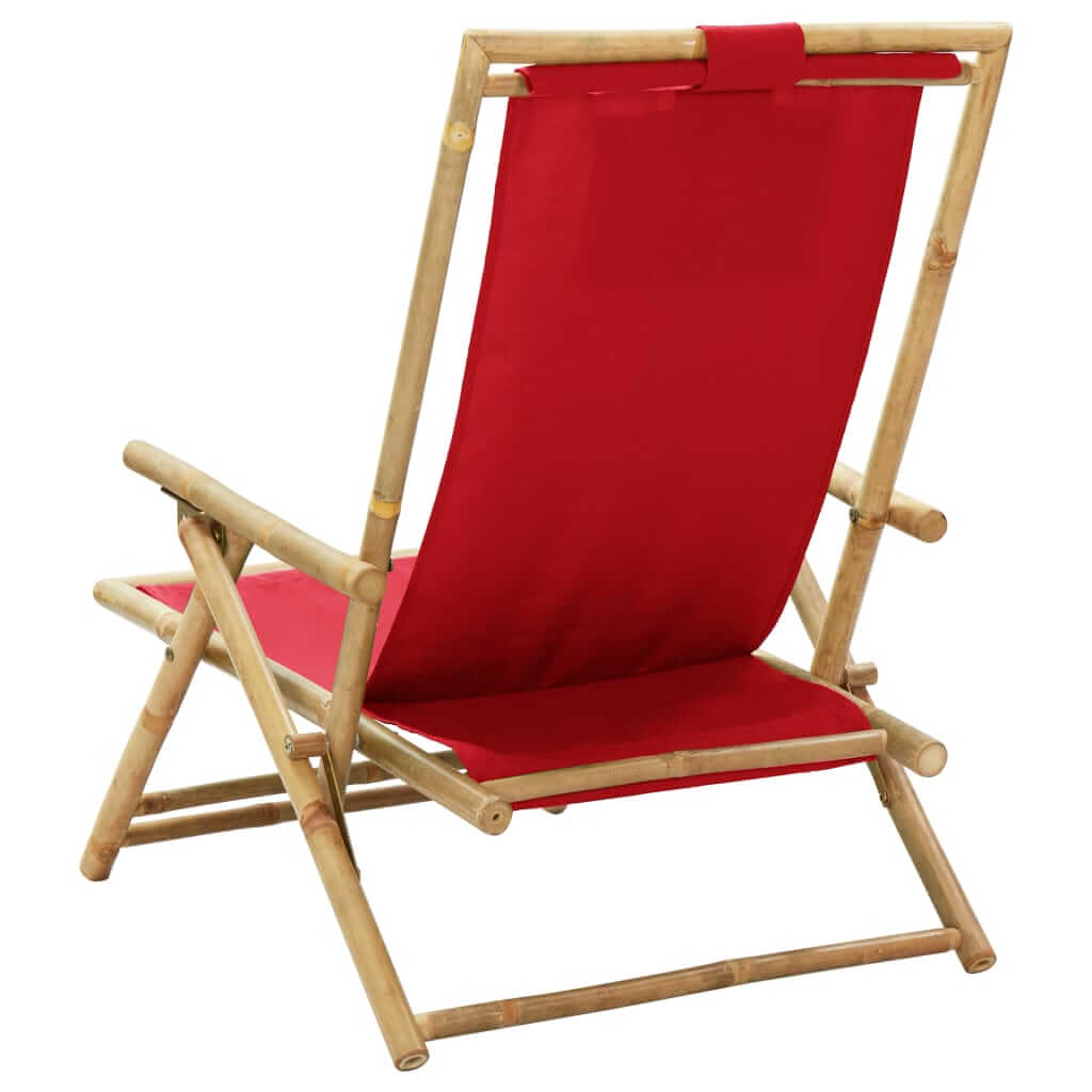 Red bamboo and fabric reclining chair with adjustable backrest for outdoor relaxation and comfort.