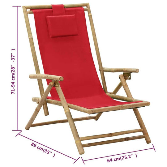 Red fabric and bamboo reclining chair with adjustable backrest and dimensions for comfort and relaxation.