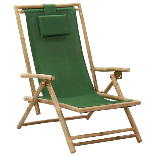 Green bamboo and fabric reclining relaxing chair with adjustable backrest and pillow for outdoor comfort.