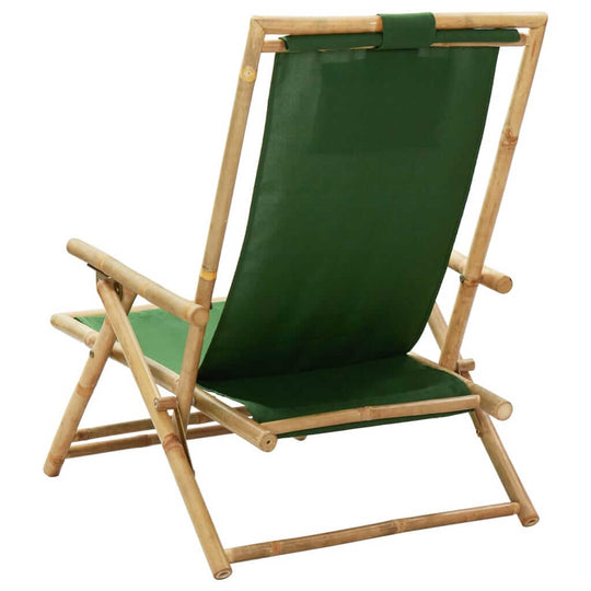 Green bamboo reclining chair designed for outdoor relaxation, featuring adjustable backrest and comfortable fabric seating.