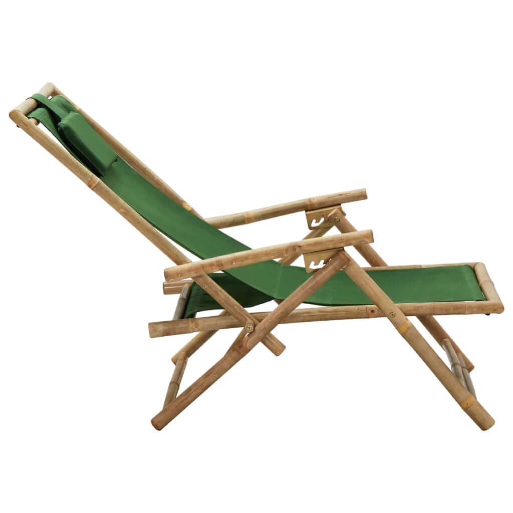 Green bamboo reclining chair with fabric seat, designed for outdoor relaxation and adjustable backrest.