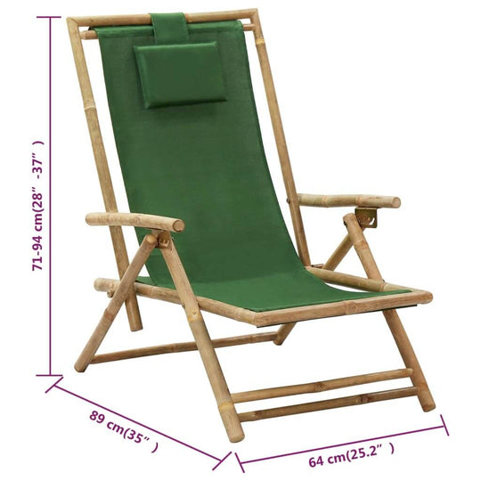 Green bamboo and fabric reclining chair with adjustable backrest, perfect for outdoor relaxation and comfort.