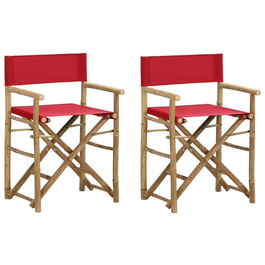 Two folding director's chairs in red fabric and bamboo, perfect for outdoor lounge and garden use, easy to clean and store.