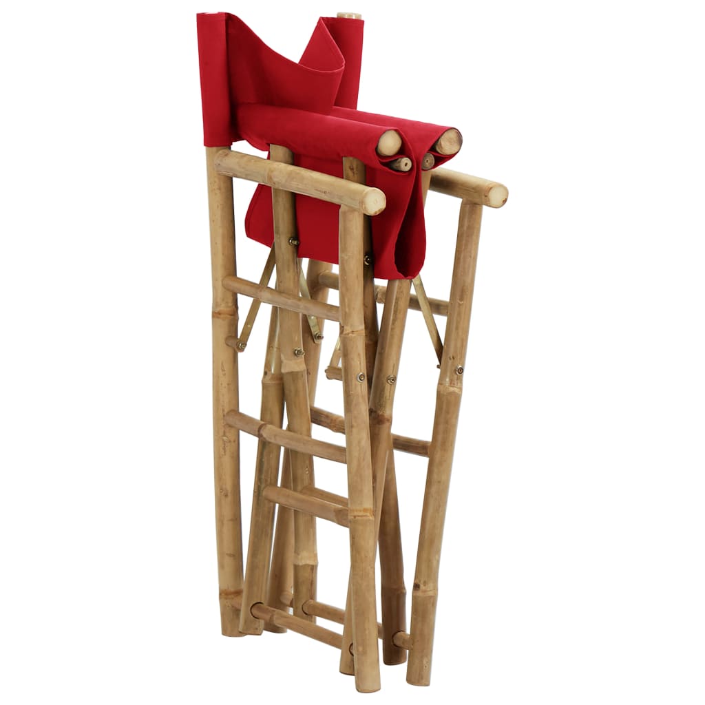 Folding director's chair in red fabric and bamboo, perfect for outdoor furniture and garden relaxation.