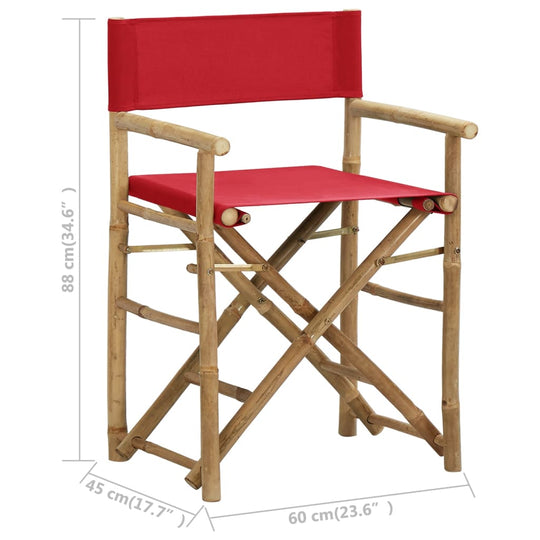 Folding director's chair made of bamboo with red fabric, perfect for outdoor relaxation and easy storage.