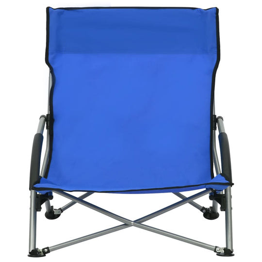 Comfortable blue folding beach chair with sturdy steel frame, perfect for outdoor leisure activities.