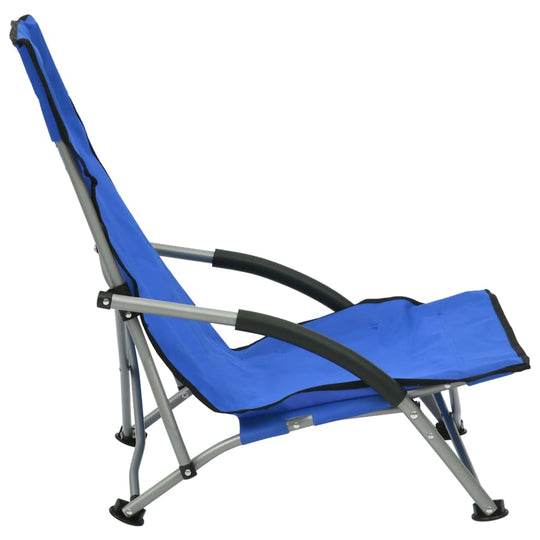 Comfortable folding beach chair in blue fabric with a sturdy steel frame, ideal for outdoor leisure.