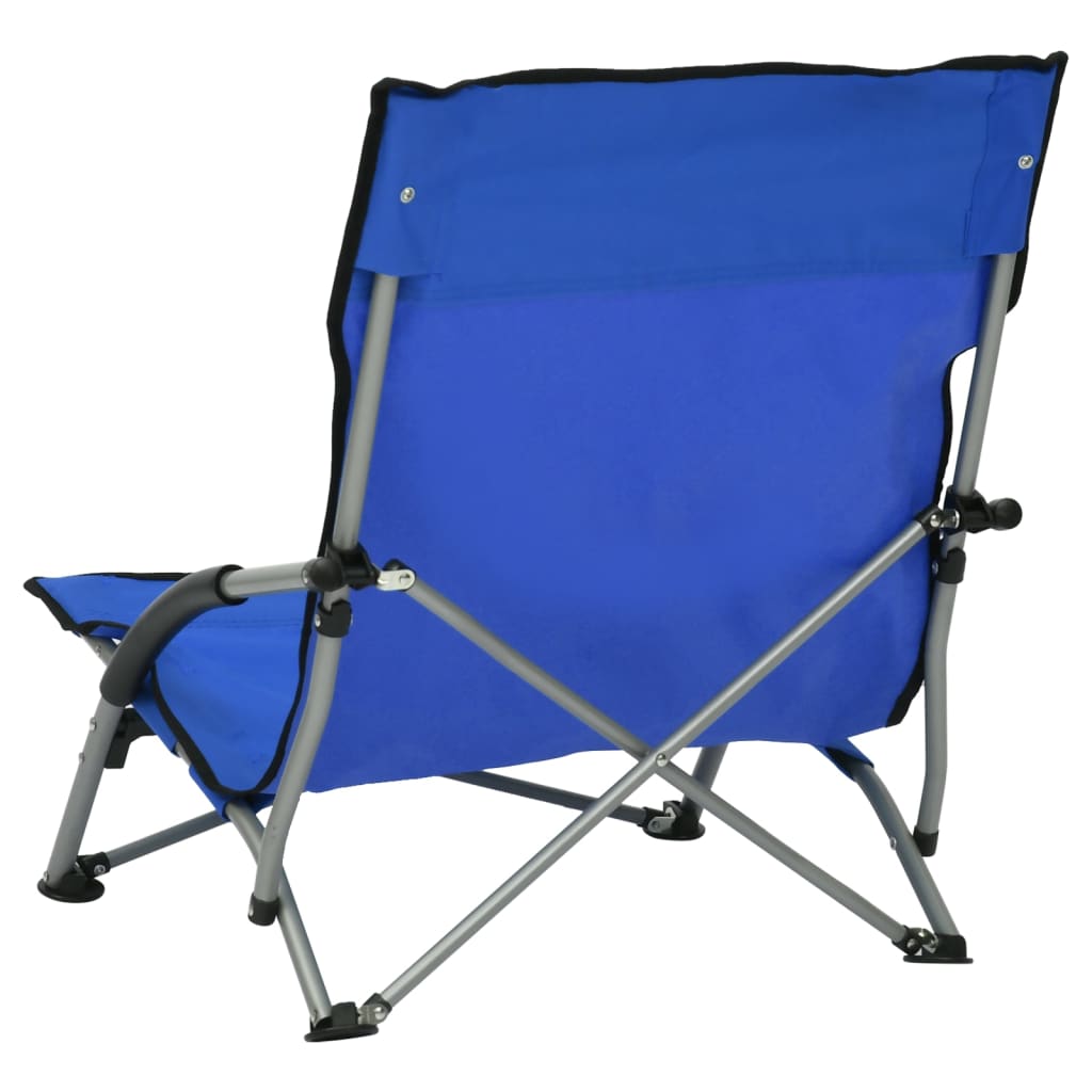 Comfortable blue folding beach chair with sturdy steel frame, perfect for outdoor leisure and relaxation.