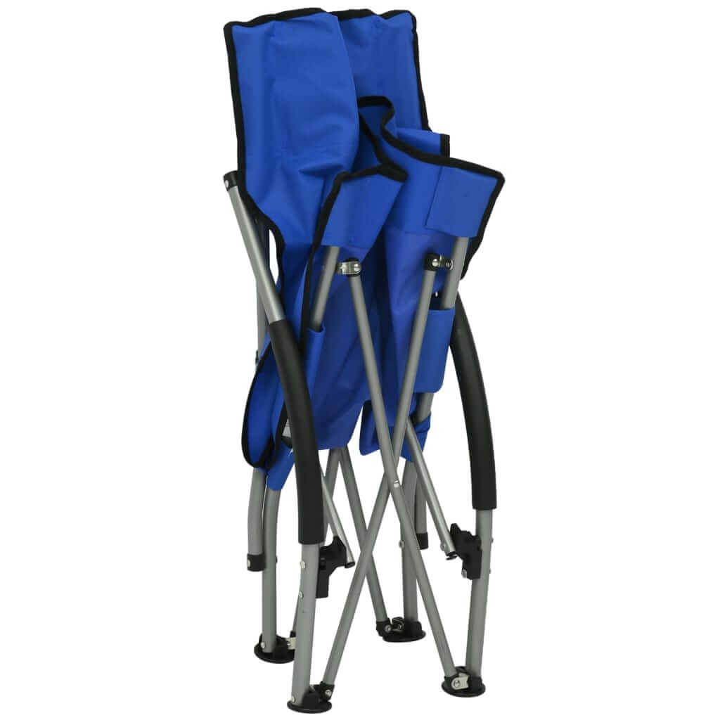 Comfortable folding beach chairs in blue fabric, showcasing a lightweight and collapsible design for outdoor leisure.