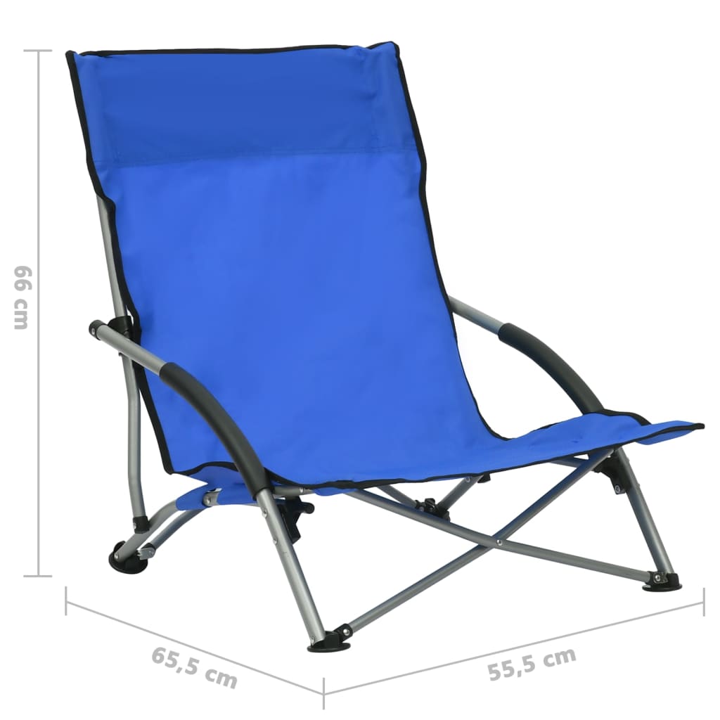 Comfortable blue folding beach chair with steel frame, dimensions 66 cm height, 65.5 cm width, perfect for outdoor leisure.