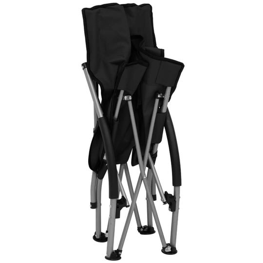 Folding Beach Chairs 2 pcs Fabric in black, compactly folded for easy portability and storage, made with oxford fabric and strong steel frame.