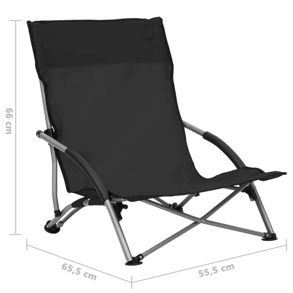 Black Folding Beach Chairs 2 pcs Fabric with steel frame and oxford fabric, dimensions 66x65.5x55.5 cm, perfect for outdoor use