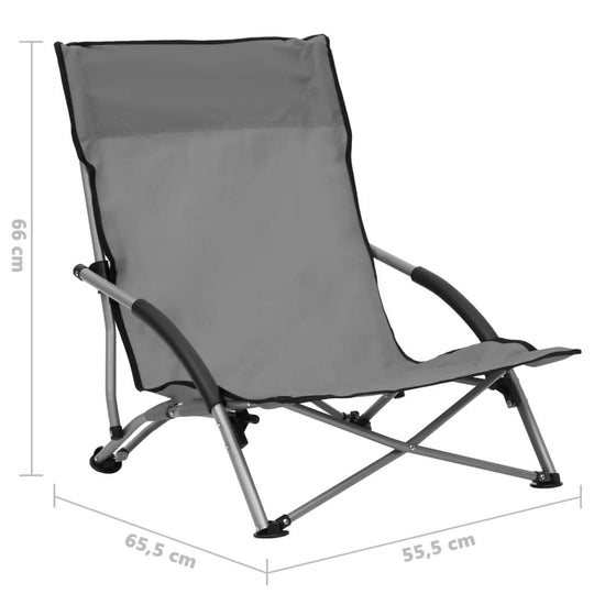 Folding Beach Chairs 2 pcs  Fabric shown in gray with dimensions of 66 cm height, 65.5 cm width, and 55.5 cm depth.