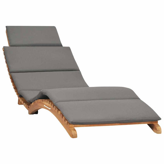 Folding sun lounger with dark cushion, ergonomic design in durable teak wood, perfect for relaxing outdoors.