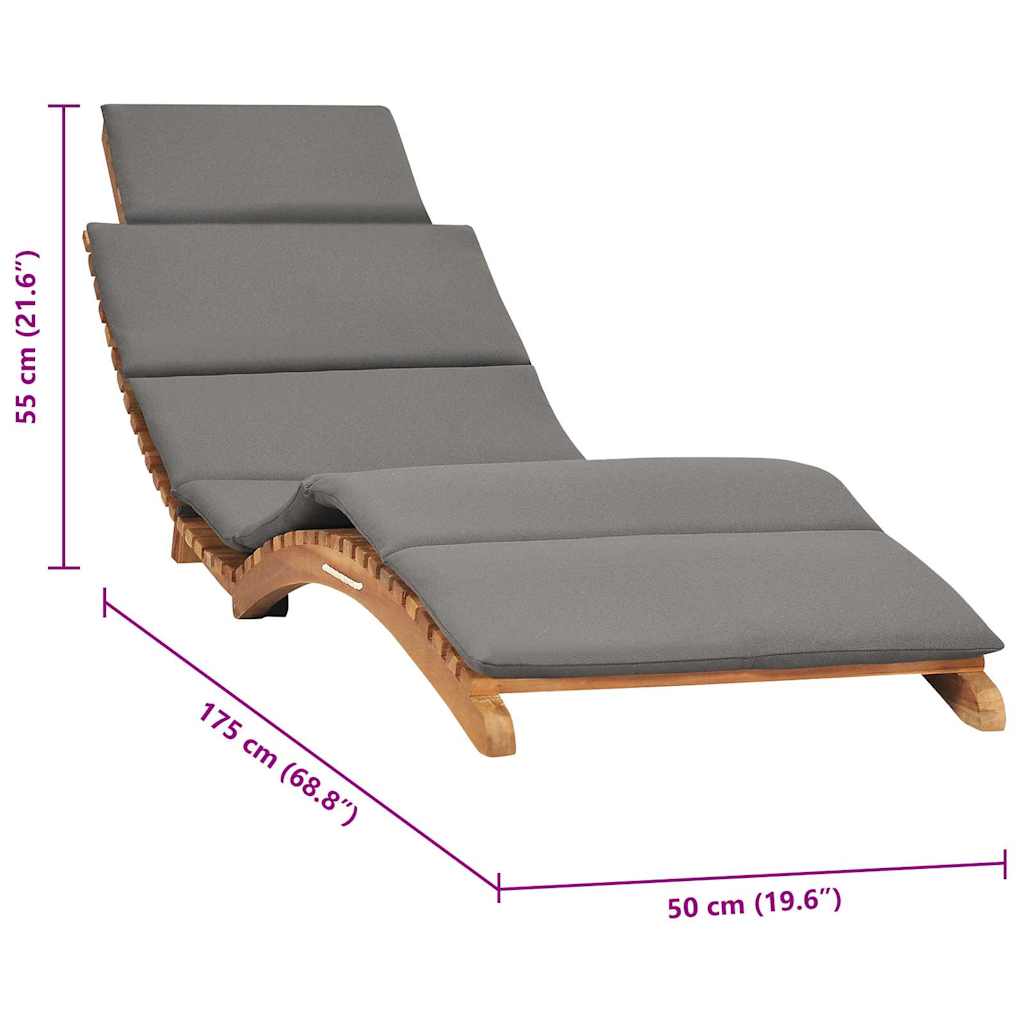 Folding sun lounger with dark cushion, made of solid teak wood, measuring 175 cm x 50 cm, ergonomic design for relaxation.