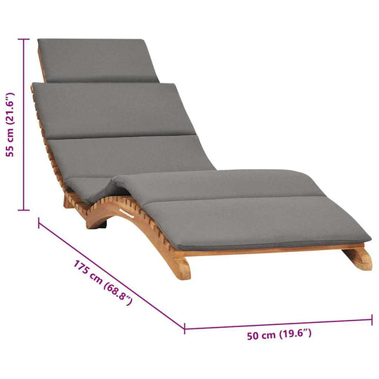 Folding sun lounger with dark cushion, made of solid teak wood, measuring 175 cm x 50 cm, ergonomic design for relaxation.