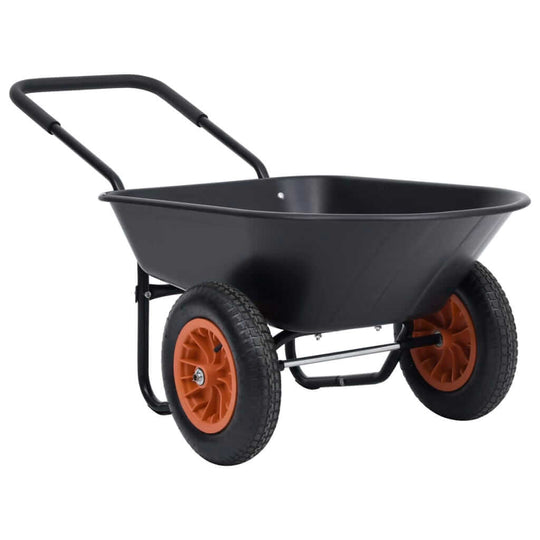 Black and orange wheelbarrow with a 78L capacity, designed for gardening and home improvement projects.