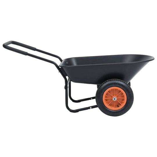 Black and orange wheelbarrow with 78L capacity, ideal for gardening and home improvement projects. Durable design with rubber wheels.