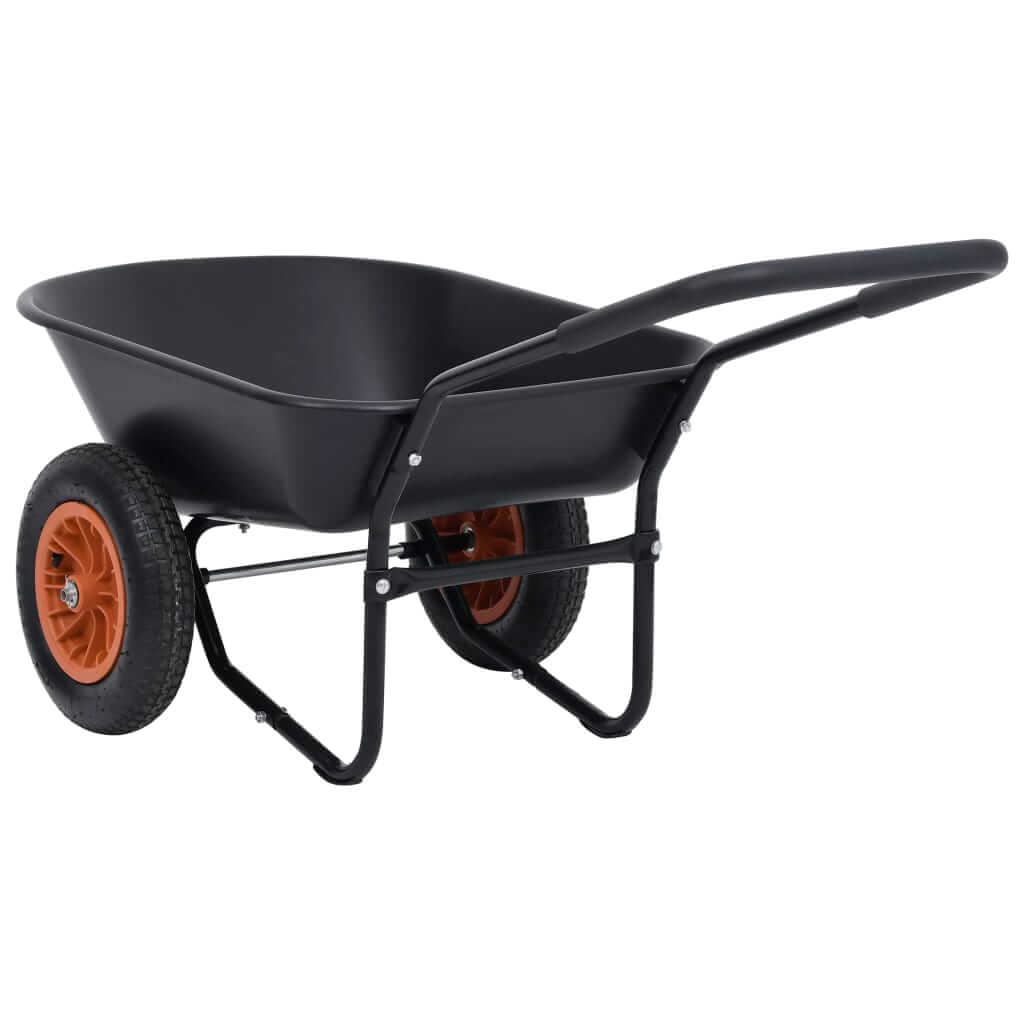 Black and orange wheelbarrow with 78L capacity, sturdy metal frame, rubber wheels, ideal for gardening and home improvement.