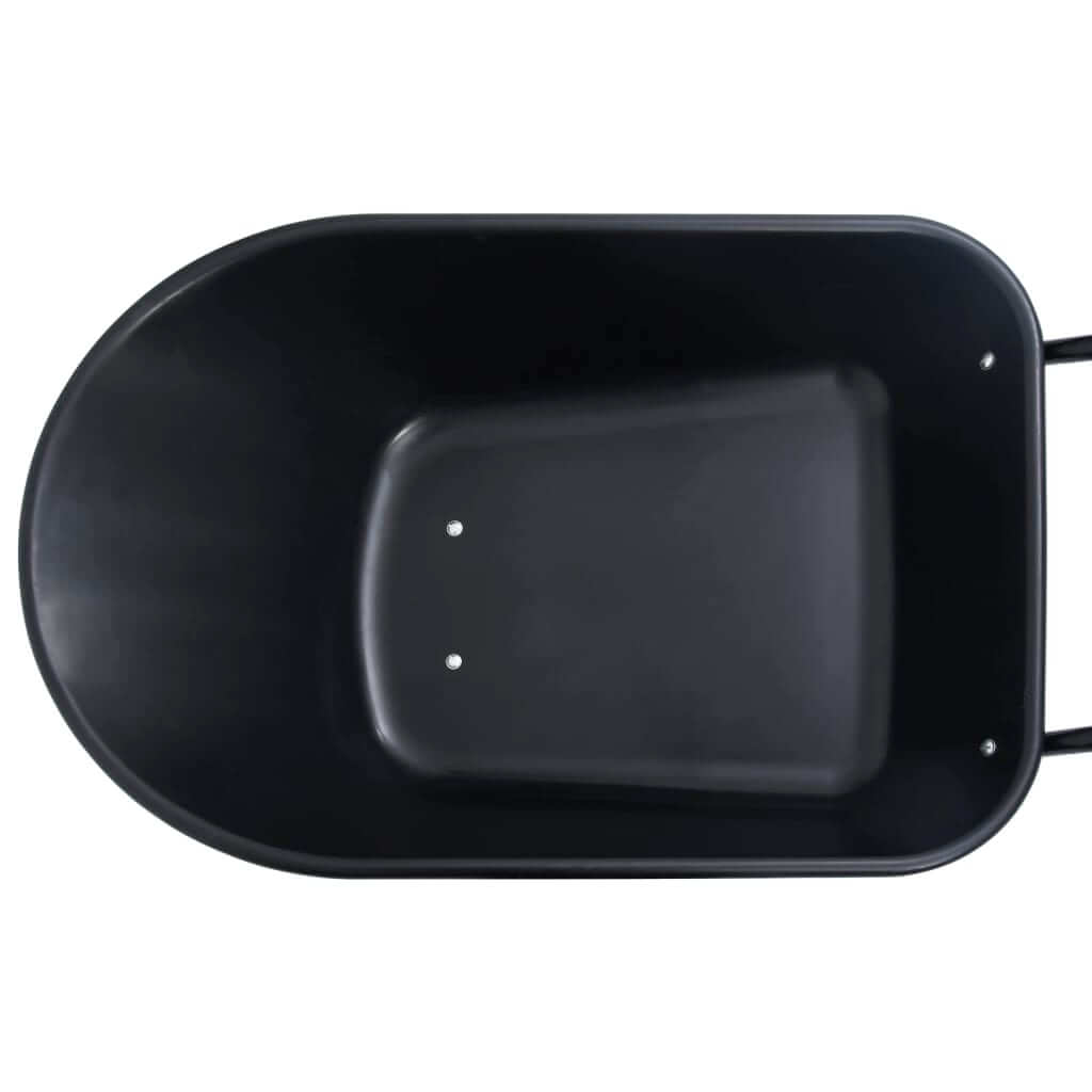 Top view of a sturdy black wheelbarrow designed for gardening and home improvement projects.