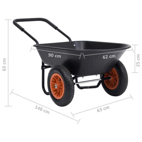 Black and orange wheelbarrow with 78L capacity and durable design, perfect for gardening and home improvement tasks.