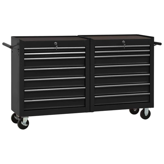 Steel tool trolley with 14 drawers for home and garden furniture organization.