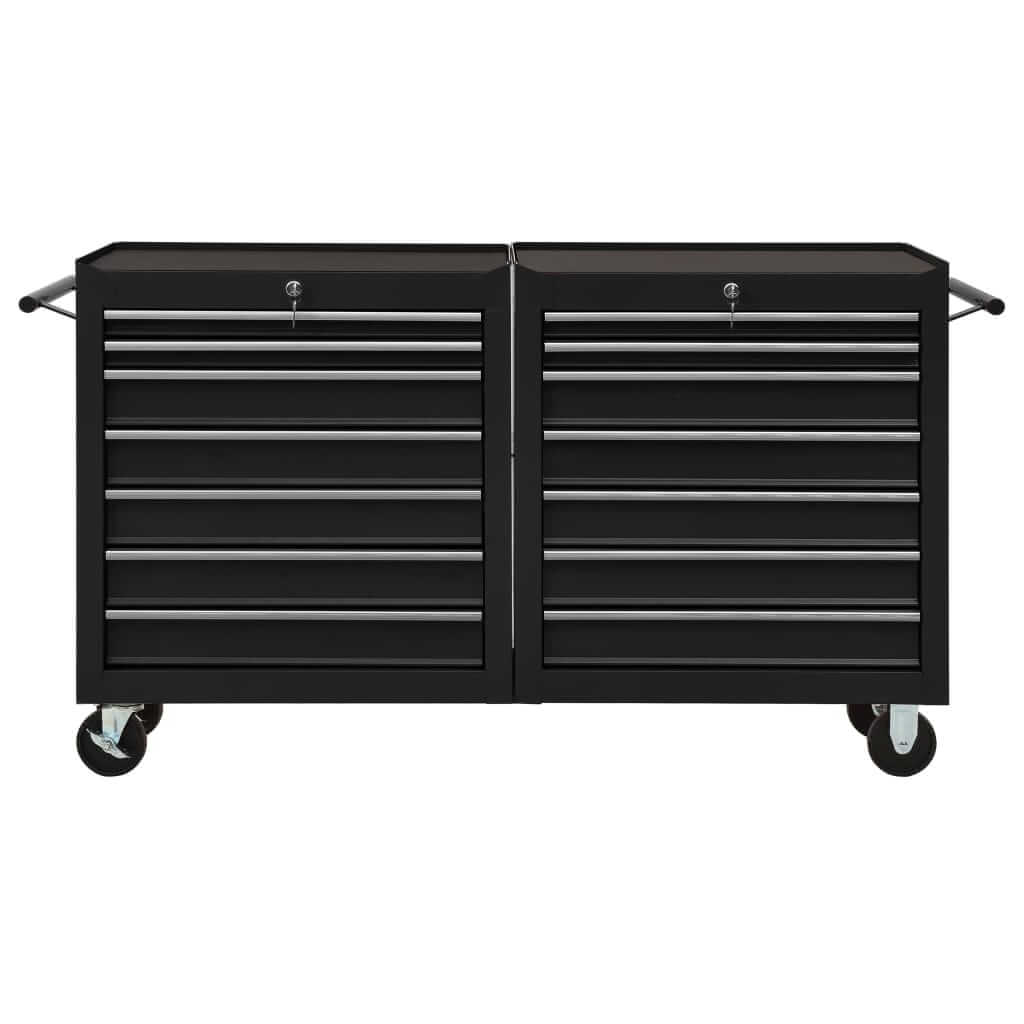 Steel tool trolley with 14 drawers, durable construction, ideal for organizing tools; perfect patio and garden furniture storage solution.