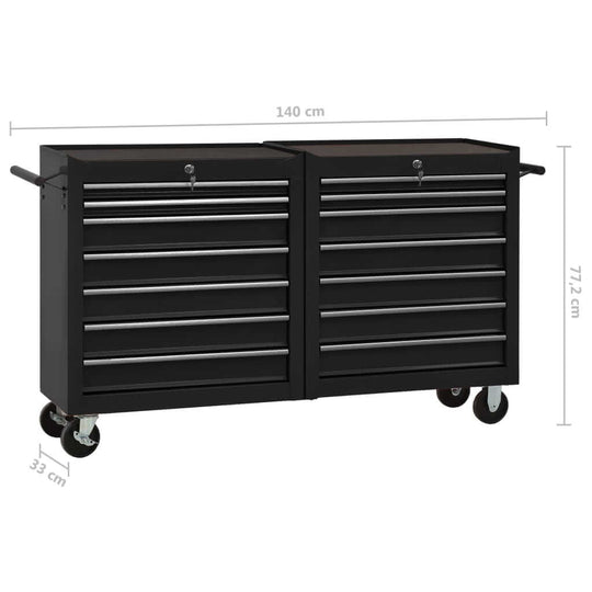 Steel tool trolley with 14 drawers on wheels, ideal for organizing patio and garden furniture tools, measuring 140x33x77.2 cm.