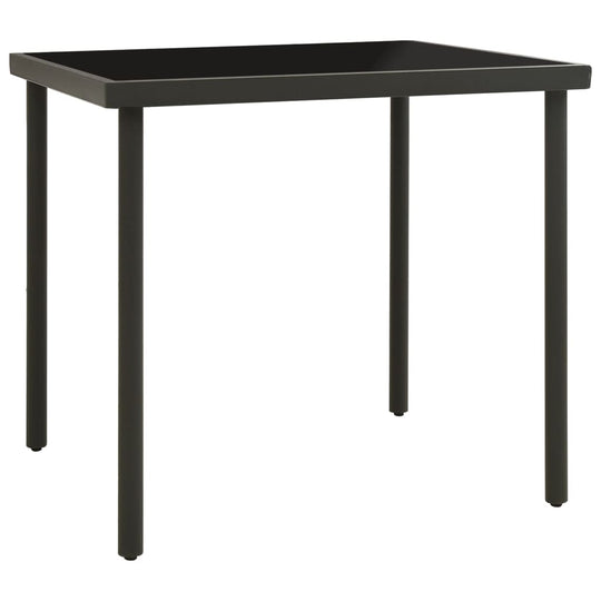 Outdoor dining table in anthracite color, 80x80x72 cm, made of glass and steel, perfect for garden and patio use.